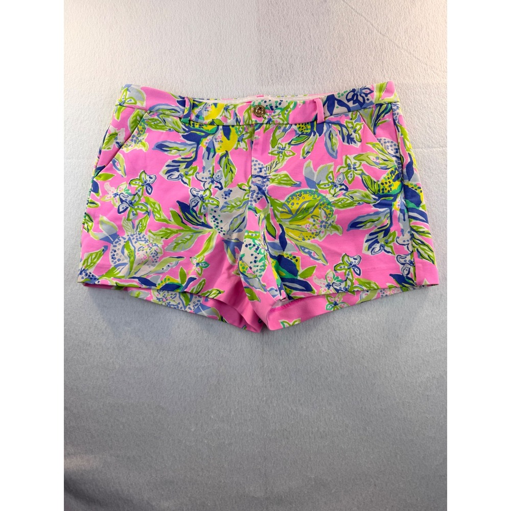 Lilly Pulitzer Pink Floral Chino Shorts Size 12 Gold Button Botanical Print